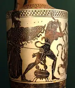The crab Karkinos attacking Herakles as he fights the Lernaean Hydra. Attic lekythos pot, "the Diosphos Painter", 500–475 BC