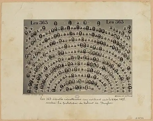 Printed sheet reproducing the portraits in medallions of 363 men arranged in a fan.