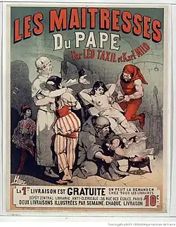 Woman tortured in the presence of the Pope, advertising a book by Léo Taxil and Karl Milo, Les Maîtresses du Pape (The Pope's Mistresses) (1884)