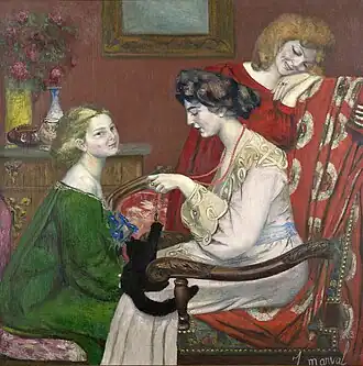 "Les Coquettes" by the artist Jacquline Marval. Image of three nude women, two wearing hats, laying on a pink blanket with trees behind them.