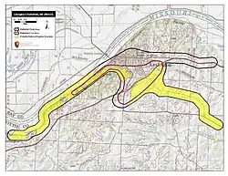 Map of the Lexington battlefield overlaid onto topographic map of the area from roughly the turn of the 21st century. The core area of the battlefield runs from a wider area on the south edge of town and southeast of town towards the Missouri River and then southwest along the edge of the river.