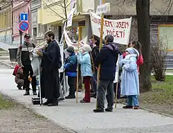 Image 16Orthodox priest Libor Halík with a group of followers. Halík has been chanting daily for over five years against abortion via megaphone in front of a maternity hospital in Brno, Moravia. (from Freedom of speech by country)