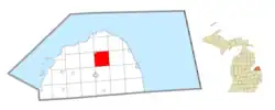 Location within Huron County (red) and an administered portion of the Kinde village (pink)