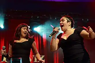 Linda (left) and Vika at Byron Bay Bluesfest in 2014