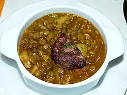 A German lentil soup with blood sausage.