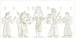Copy of relief from Naqa depicting Amanitore (second from left), Natakamani (second from right) and two princes approaching a three-headed Apedemak.