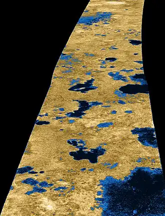 Image 10 Lakes of methane on Titan Image credit: Cassini orbiter This false-color radar image taken by the Cassini orbiter provides convincing evidence for large bodies of liquid methane on Titan. Images taken during a fly-by of the moon on July 22, 2006 show more than 75 large bodies of liquid ranging in diameter from three to 70km (1.9 to 43.6 mi) in the moon's northern hemisphere. Intensity in this colorized image is proportional to how much radar brightness is returned. The lakes, darker than the surrounding terrain, are emphasized here by tinting regions of low backscatter in blue. Radar-brighter regions are shown in tan. Smallest details in this image are about 500 m (1,640 ft) across. On January 3, 2007, NASA announced that scientists have "definitive evidence of lakes filled with methane on Saturn's moon Titan." More selected pictures
