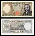 100,000&nbsp;lire – obverse and reverse – printed in 1967