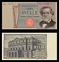 1,000&nbsp;lire – obverse and reverse – printed in 1969