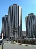 Litchfield Towers, dormitories at the University of Pittsburgh, built in 1963, bounded by Forbes Avenue, 5th Avenue, and Bouquet Street.
