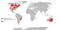 World map of first level subdivisions (states, counties, provinces, etc.) that are home to Little Italys or Italian neighbourhoods
