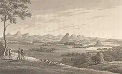Aquatint: 'Liverpool Plains, West Prospect from View Hill', drawn by Major James Taylor from a sketch by Evans, engraved by John Clark, published by John Murray (London) in 1820.