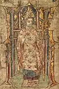Folio 3v. A bishop, possibly St.Peblig, blessing and wearing a mitre, and holding a crosier.