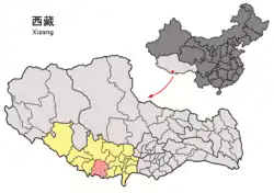 Location of Tingri County (red) within Shigatse City (yellow) and the Tibet Autonomous Region