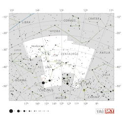 A map of the constellation Centaurus, with a cirlce near Alpha Centauri showing the location of Nova V1935 Centauri