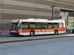 A white-and-orange bus on an urban street