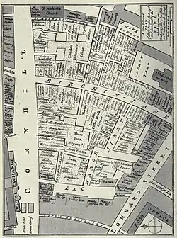 A map of coffee houses in Exchange Alley, prior to the 1748 fire