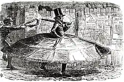 Cartoon in Punch of a "Patent Anti-garotte Overcoat" by Charles Keene in December 1856, at the height of a garotte panic in London that was compared in a parliamentary debate to thuggee