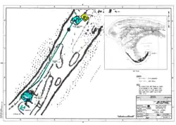 Map of Long Point showing two earthen artillery batteries and barracks connected by a long boardwalk