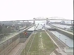 Looking west towards the International Bridge from the American Locks administration building