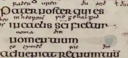 Lord's Prayer fragment from Lindisfarne Gospels, f. 37r, Latin text, translated in Northumbrian dialect of the Old English