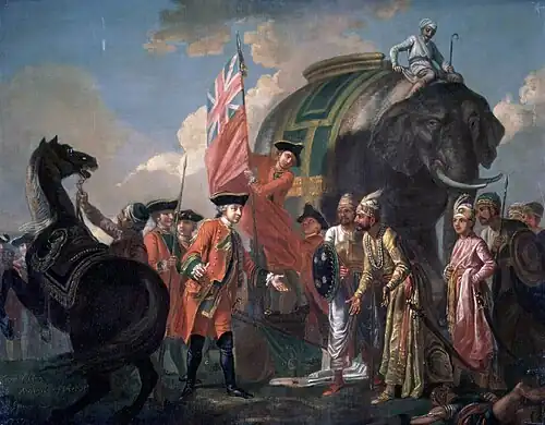 Robert Clive with Mir Jafar after the Battle of Plassey. Mir Jafar's betrayal of the Nawab Siraj-ud-Daulah of Bengal in Plassey made the battle one of the main factors of British supremacy in the sub-continent.