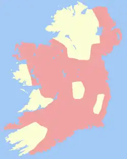 The Lordship of Ireland (pink) in 1300. Gaelic Kingdoms (beige) in 1300.