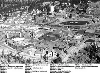 Buildings seem to be randomly scattered. Ashley Pond and the Fuller Lodge are in the background.