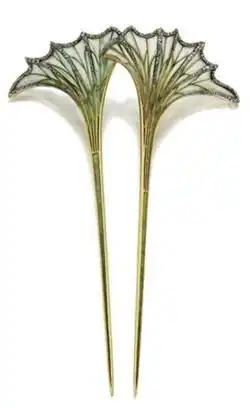 Pair of fan-shaped leaves of green plique-à-jour enamel with small rose-cut diamonds in the veins. Louis Aucoc, c. 1900