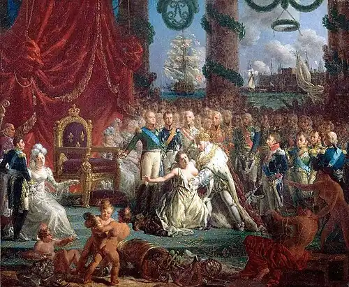 The king raises a nude woman symbolizing France.