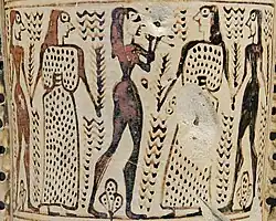 painting of two couples dancing to the sound of an aulos, in the orientalizing style