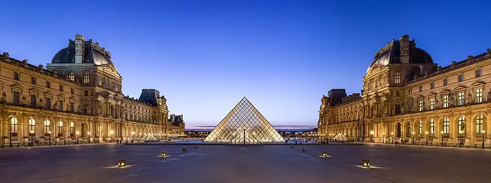 The Napoleon Courtyard and Ieoh Ming Pei's pyramid in its centre, at dusk