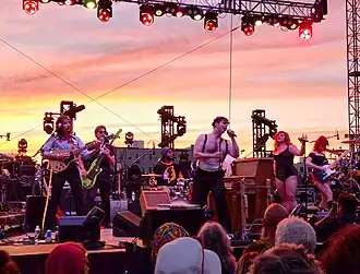 Low Cut Connie at the Stone Pony Summer Stage in August 2025; from left to right: Rich Stanley, Nick Perri, Jarae Lewis, Adam Weiner, Amanda Bullwinkel, Kelsey Cork