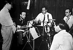 Lucho Bermúdez with Argentine jazz musicians in Buenos Aires, 1962.