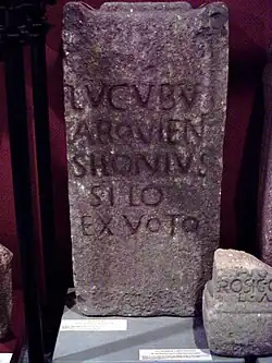 Votive inscription to Lug (from Sinogas town, Lugo, Galicia): LUCOUBU ARQUIEN(obu) SILONIUS SILO EX VOTO