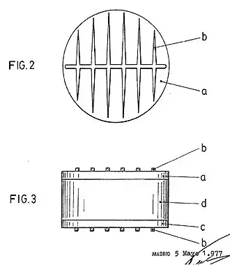 Drawings in Luque's 1978 patent ES458514A1 of the npp+ cell bifacial solar cell. (a): n-type layer; (b):metal grids; (c): p+-type layer; (d) p-type wafer