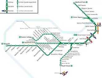 Schematic map of Green Line branches and stations