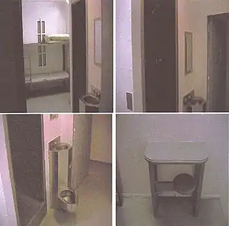Typical ADMAX SHU cell showing (clockwise from top left) the bunk bed, shower, seating area, and combination toilet and sink fixture.