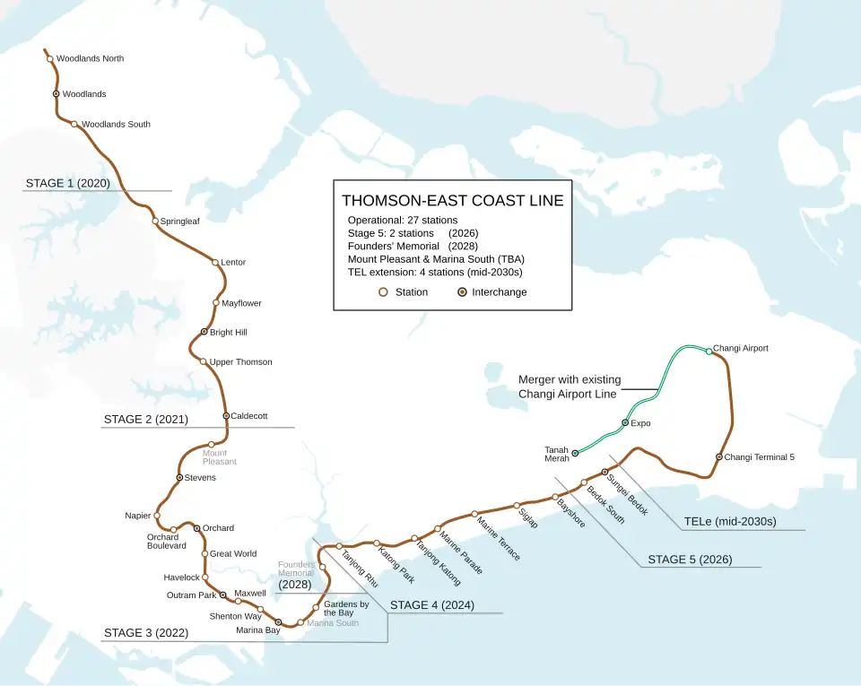 Geographically accurate map of the Thomson–East Coast Line, coloured in brown.