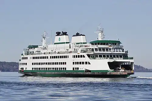 MV&nbsp;Suquamish sailing from Mukilteo to Clinton, one of ten routes served by Washington State Ferries.