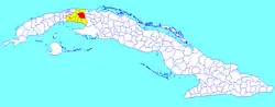 Madruga municipality (red) within Mayabeque Province (yellow) and Cuba