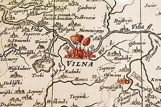 Image 24Description of Kernavė as "Kiernow primum M. Duci Lith. domicilium" (English: Kernavė, the first residence-capital of the Grand Dukes of Lithuania) in the Radziwiłł map (from Grand Duchy of Lithuania)