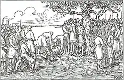 Black-and-white drawing of Egil hanged by the neck in a tree, surrounded by crowds of men