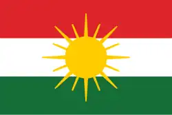 Along with the Soviet-style flag, the Mahabad Republic also used the traditional Kurdish sunburst flag based on the flag sewn by Fatima Assad Shahin, held by founder Qazi Muhammad during the declaration of the republic on 22 January 1946.