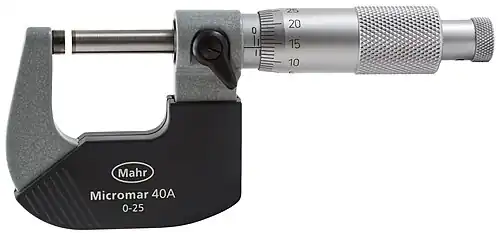 Image 6 Micrometer Photograph: Lucasbosch A micrometer is a device incorporating a calibrated screw, widely used for precise measurement of components in mechanical engineering and machining. Micrometers are usually, but not always, in the form of calipers (opposing ends joined by a frame). The spindle is a very accurately machined screw and the object to be measured is placed between the spindle and the anvil. The spindle is moved by turning the ratchet knob or thimble until the object to be measured is lightly touched by both the spindle and the anvil. More selected pictures
