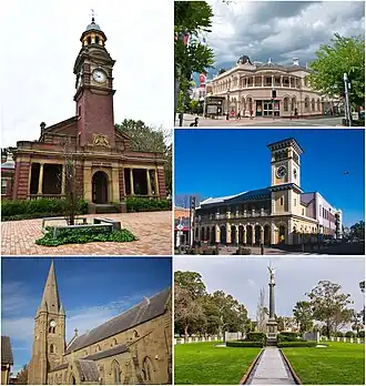 From top, left to right: Maitland Court House, The Levee, Maitland Post Office, St Mary's the Virgin Anglican Church, Citizens Memorial at Maitland Park