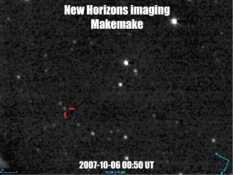 Images of Makemake by the New Horizons spacecraft show it as a gray dot moving with respect to background stars against the black backdrop of space.