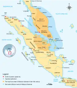The extent of the Sultanate in the 15th century, during the reign of Mansur Shah. Pre-modern Southeast Asian political borders are subject to speculation.