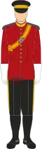 No. 1 Dress of the Royal Armoured Corps (Cavalry Other ranks). For the cavalry variation, personnel wear the same uniform with the addition of white cavalry gloves and riding boots