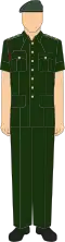 The No. 2 Dress of the Malaysian Army. This uniform is restricted to Warrant Officer Class 2 and above. The rifle green beret shown in this image indicates the wearer belongs to the Infantry Corps, Intelligence Corps, or General Staff.